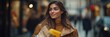 © velikiyzayats - A Young Woman with Brown Hair and a Warm Smile Walking Through a Bustling Urban Street, Holding a Yellow Takeout Container in a Stylish Brown Jacket