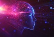 © SKIMP Art - Elegant AI Digital Human Head, Abstract Background with Purple and Red Shades of the Space Sky The digital head is on an abstract background that has a purple-to-red gradient color Generative AI