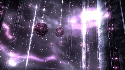 Wall Mural - spheres in a purple galaxy with glowing stars and vertical lines. cosmic theme background