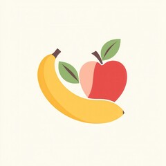 Poster - Minimalist abstract fruit logo featuring an apple, pear, and banana against a clean white background with soft shadows and modern design elements