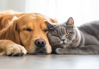 Poster - Charming golden retriever and British shorthair cat peacefully resting together in sunlit room : Generative AI