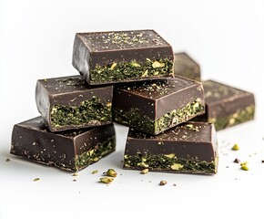 Poster - Artisan dark chocolate pieces with pistachios presenting a delicious layered texture on a white background : Generative AI