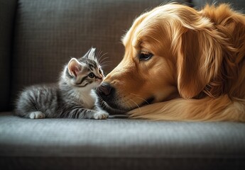 Aufkleber - Adorable golden retriever with a tiny kitten enjoying a playful moment together in a warm living space : Generative AI