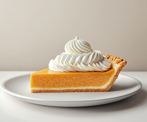 Poster - Classic Pumpkin Pie Slice Topped with Swirls of Whipped Cream on a White Plate : Generative AI