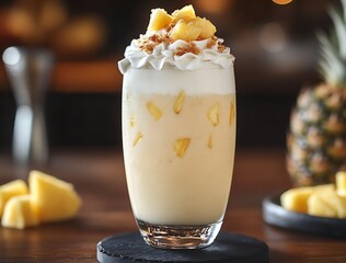 Aufkleber - Creamy layered beverage topped with pineapple chunks and whipped cream served in a elegant glass : Generative AI