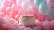 © Aman - A dreamy birthday setup featuring a fluffy cake surrounded by pastel decor and translucent balloon accents