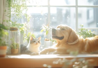 Aufkleber - Sunlit area with golden retriever and playful tabby cat enjoying peaceful moment together : Generative AI