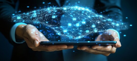 Leinwandbilder - Innovative technology and digital transformation hands holding tablet with data connections glowing : Generative AI