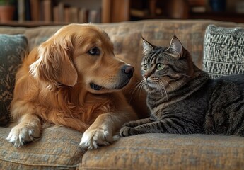 Poster - Affectionate Golden Retriever and Playful Tabby Cat Cozying Up on the Couch : Generative AI