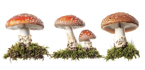 Poster - Three vibrant toadstool mushrooms with a rich red top and white spots growing in lush mossy setting : Generative AI