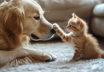 Poster - Cute Ginger Tabby Kitten Playfully Touching Nose of Loving Golden Retriever on Cozy Rug : Generative AI