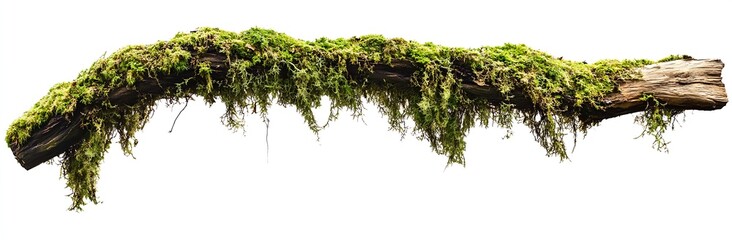 Poster - Rustic branch coated in vibrant green moss surrounded by natural textures depicting tranquil woodland environment : Generative AI