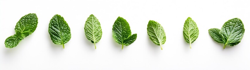 Poster - A linear arrangement of fresh mint leaves highlighting vibrant green tones for culinary uses : Generative AI