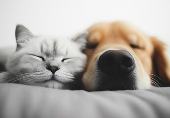Poster - Charming white cat and golden retriever sleeping peacefully side by side in a serene setting : Generative AI