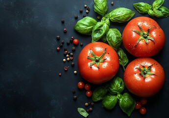 Poster - Fresh and Juicy Tomatoes with Green Basil and Spices on a Dark Background for Culinary Inspirations : Generative AI