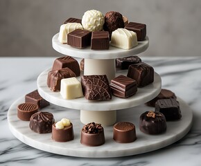 Aufkleber - An elegant assortment of gourmet chocolates displayed on a stylish tiered marble stand for dessert lovers : Generative AI
