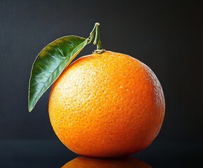 Aufkleber - Vibrant orange fruit with a glossy skin and green leaf set against a dark textured background : Generative AI