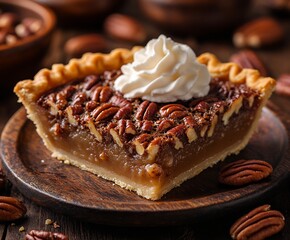 Poster - Mouthwatering Pecan Pie Slice with Whipped Cream on Wooden Tray Surrounded by Nuts : Generative AI