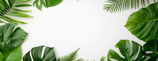 Poster - Lush tropical leaves beautifully arranged on a pristine white background for a refreshing natural vibe : Generative AI