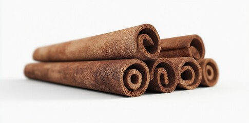 Poster - Natural and Aromatic Cinnamon Sticks Piled Together on a Clean White Surface for Cooking Use : Generative AI