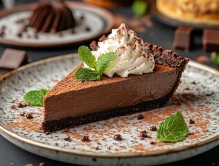 Aufkleber - Decadent chocolate pie slice with rich layers of silky chocolate and topped with whipped cream and mint leaves : Generative AI