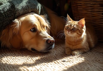 Poster - Golden retriever dog lying with a curious ginger cat in sunlight on a cozy rug : Generative AI
