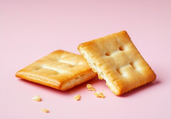 Aufkleber - Crispy golden crackers broken apart on a soft pink background highlighting their texture : Generative AI