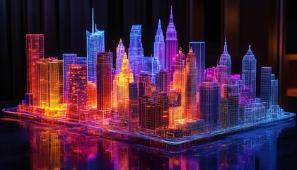 Poster - Vibrant Neon Cityscape Model Lighting Up with Colorful Illumination and Modern Style : Generative AI