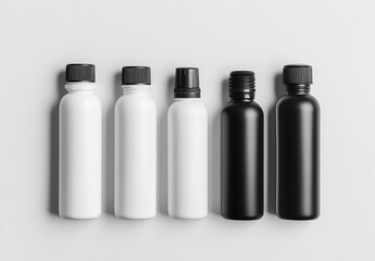 Fototapete - Collection of various black and white bottles with caps arranged in an artistic fashion for product displays : Generative AI