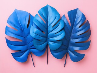 Poster - Eyecatching blue monstera leaves against a pink backdrop showcasing vibrant color contrast and design : Generative AI