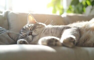 Poster - Content gray tabby cat sleeping peacefully on a couch bathed in warm sunlight : Generative AI