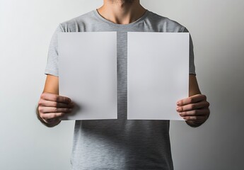 Aufkleber - Person holding two blank white sheets of paper against a neutral background for versatility in design : Generative AI
