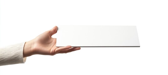 Poster - Woman's hand elegantly presenting a wide white platform against a bright white backdrop for showcasing : Generative AI