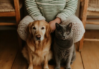 Poster - Charming duo of a golden retriever and a gray cat sitting together showcasing friendship and warmth : Generative AI
