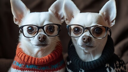 Poster - Two adorable chihuahuas wearing glasses and sweaters posing together in a cozy setting : Generative AI