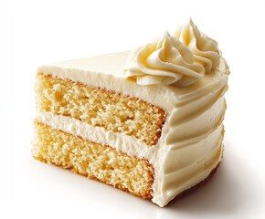 Aufkleber - Delicious Slice of Creamy Vanilla Cake Decorated with Swirls of Frosting on White Background : Generative AI