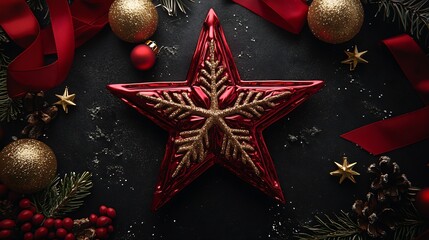 Poster - Festive holiday decoration featuring a red star with intricate designs and holiday ornaments : Generative AI