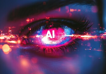 Fototapete - Close up view of a human eye with digital AI technology display showing colorful lights in the background : Generative AI
