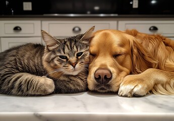 Poster - Adorable cat and golden retriever sleeping together on a kitchen counter in a cozy home setting : Generative AI