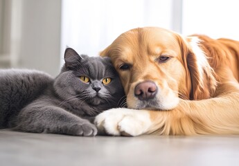 Poster - Golden retriever and gray cat snuggling together in a cozy and peaceful environment : Generative AI