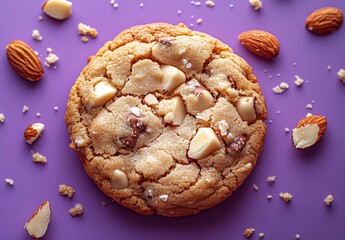 Poster - Delicious CloseUp of a Chewy White Chocolate Chip Cookie Surrounded by Almonds on a Purple Background : Generative AI