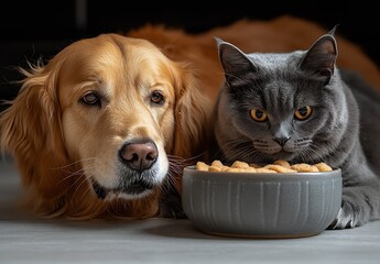 Poster - Golden retriever and gray cat share a peaceful moment near a bowl of cat food : Generative AI