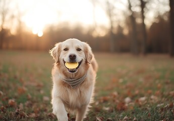 Aufkleber - Golden retriever joyfully running with a bright yellow ball in its mouth during sunset in a picturesque park : Generative AI