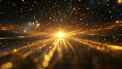Poster - glittering golden particles burst from a bright center creating a magical cosmic scene : generative 