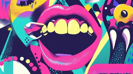 Poster - Colorful artistic illustration featuring a wide open mouth with golden teeth