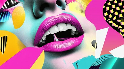 Poster - Close up of pink lips and teeth with colorful abstract shapes
