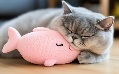 Aufkleber - Adorable grey cat cuddling against its favorite pink fish toy while resting peacefully : Generative AI