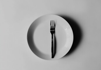Poster - Stylish black and white plate arrangement featuring a fork and a clean plate : Generative AI