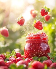 Poster - Fresh strawberries falling into a jar of strawberry jam surrounded by more strawberries : Generative AI