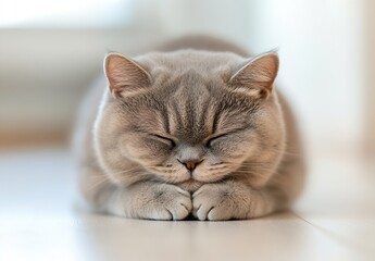 Poster - Fluffy grey cat peacefully sleeping on a light wooden floor in a cozy indoor setting : Generative AI